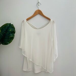 LILY MORGAN | White Sheer Layered Batwing Blouse w/ Bedazzled Trim Size Large